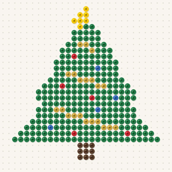 Modèle de perles à repasser grand sapin décoré sur une plaque de 29 × 29
